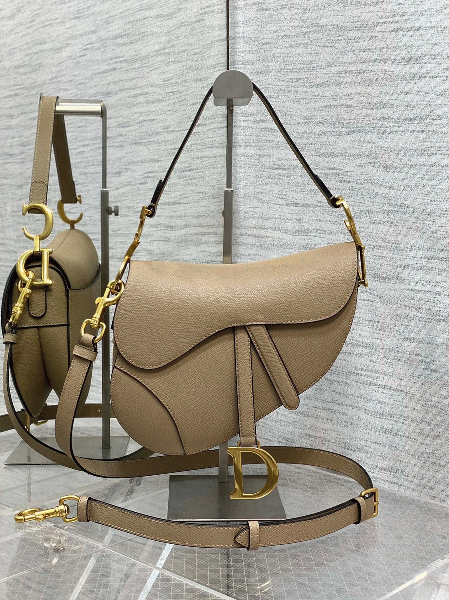 Dior Saddle Bag with Strap Replica in Sand Grained Calfskin