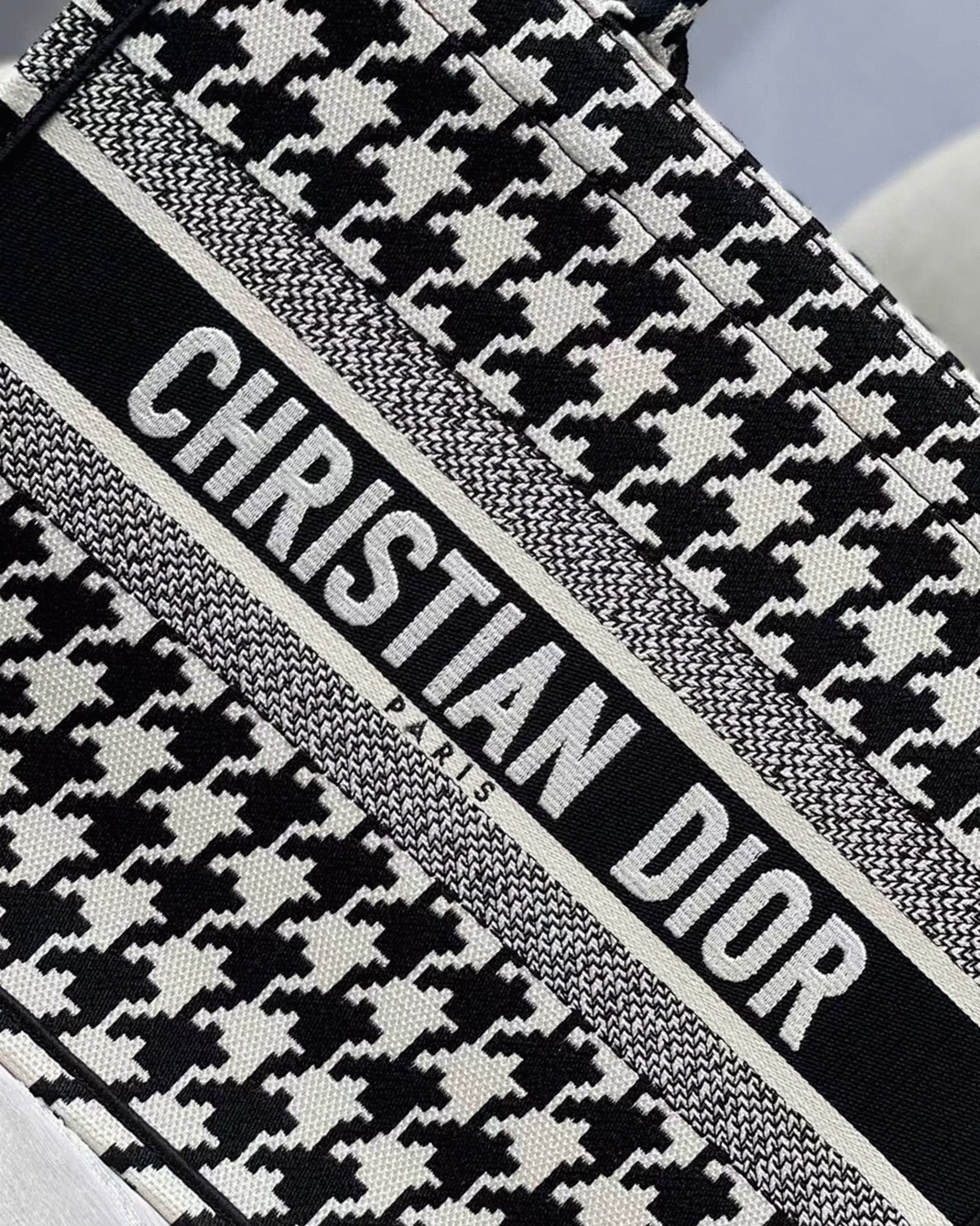 Dior Medium Book Tote Bag Replica in Black Houndstooth Embroidery