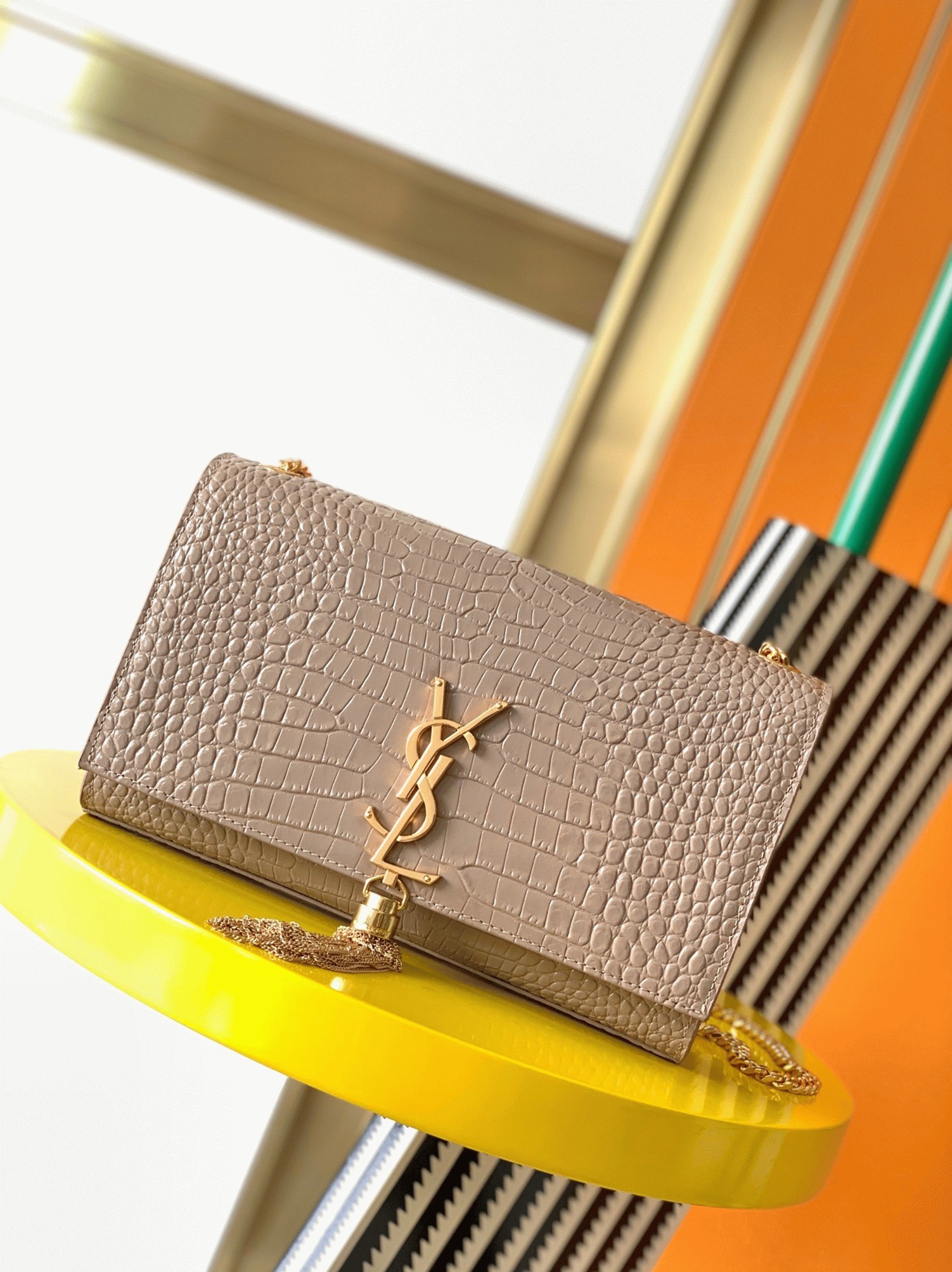 Fake Saint Laurent Kate Medium Tassel Bag Beige Crocodile-embossed Leather