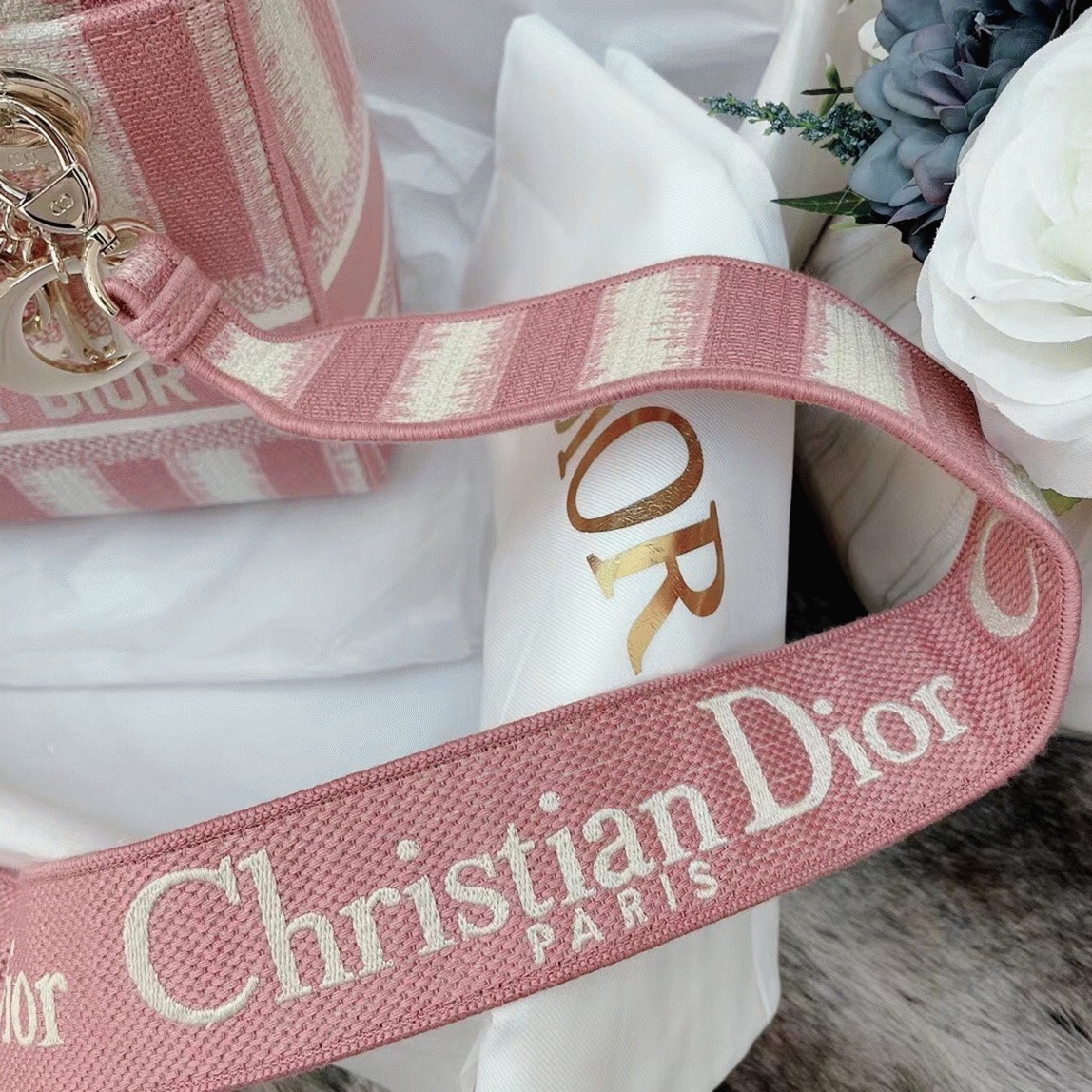 Dior Lady D-Lite Medium Bag Replica in Pink D-Stripes Embroidery
