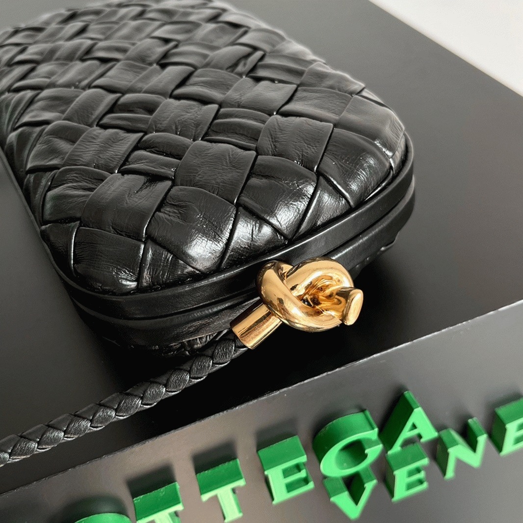 Replica Bottega Veneta Knot Minaudiere On Strap Black Foulard Intreccio Leather