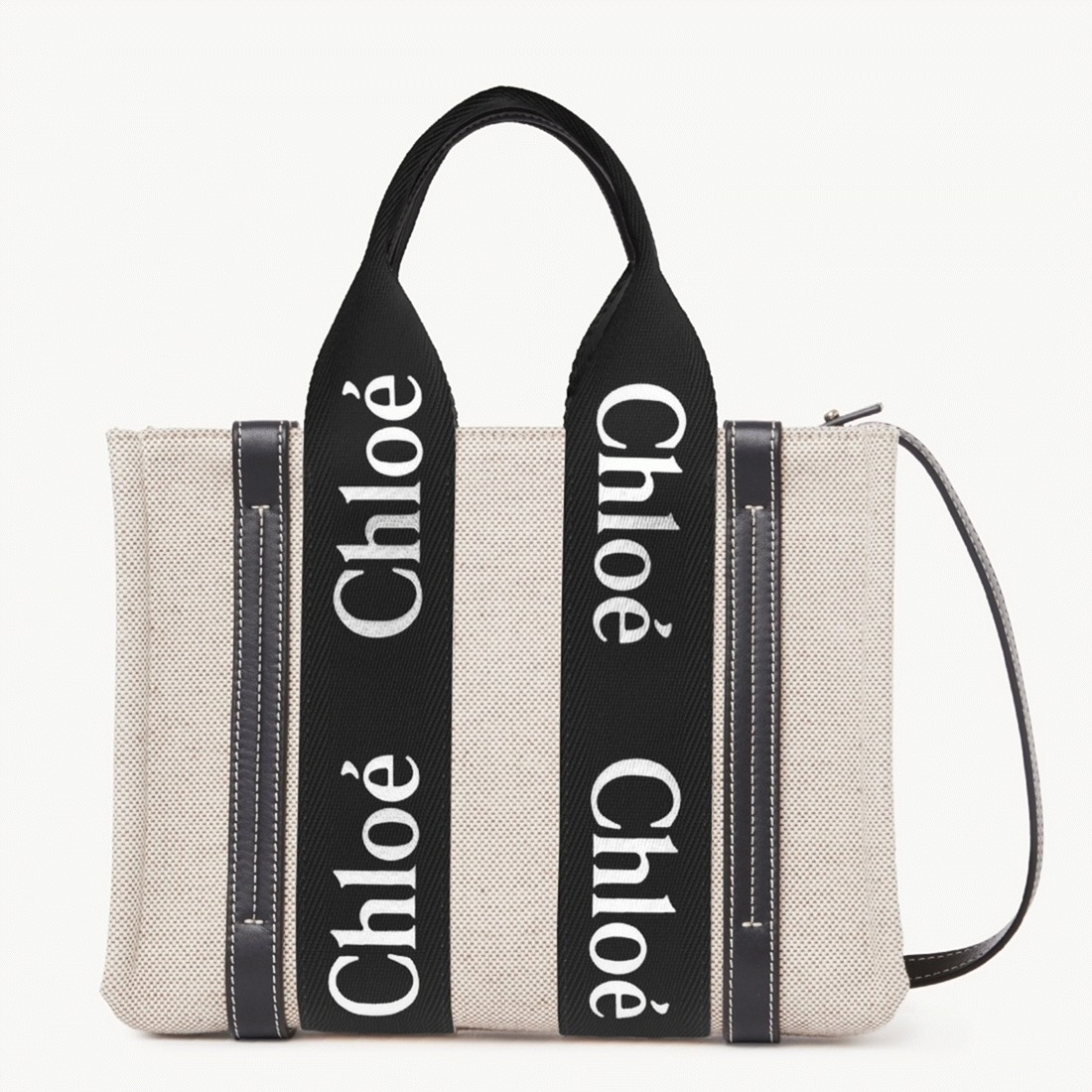Top Quality Replica Chloe Small Woody Tote Bag in Canvas with Black Leather Strips