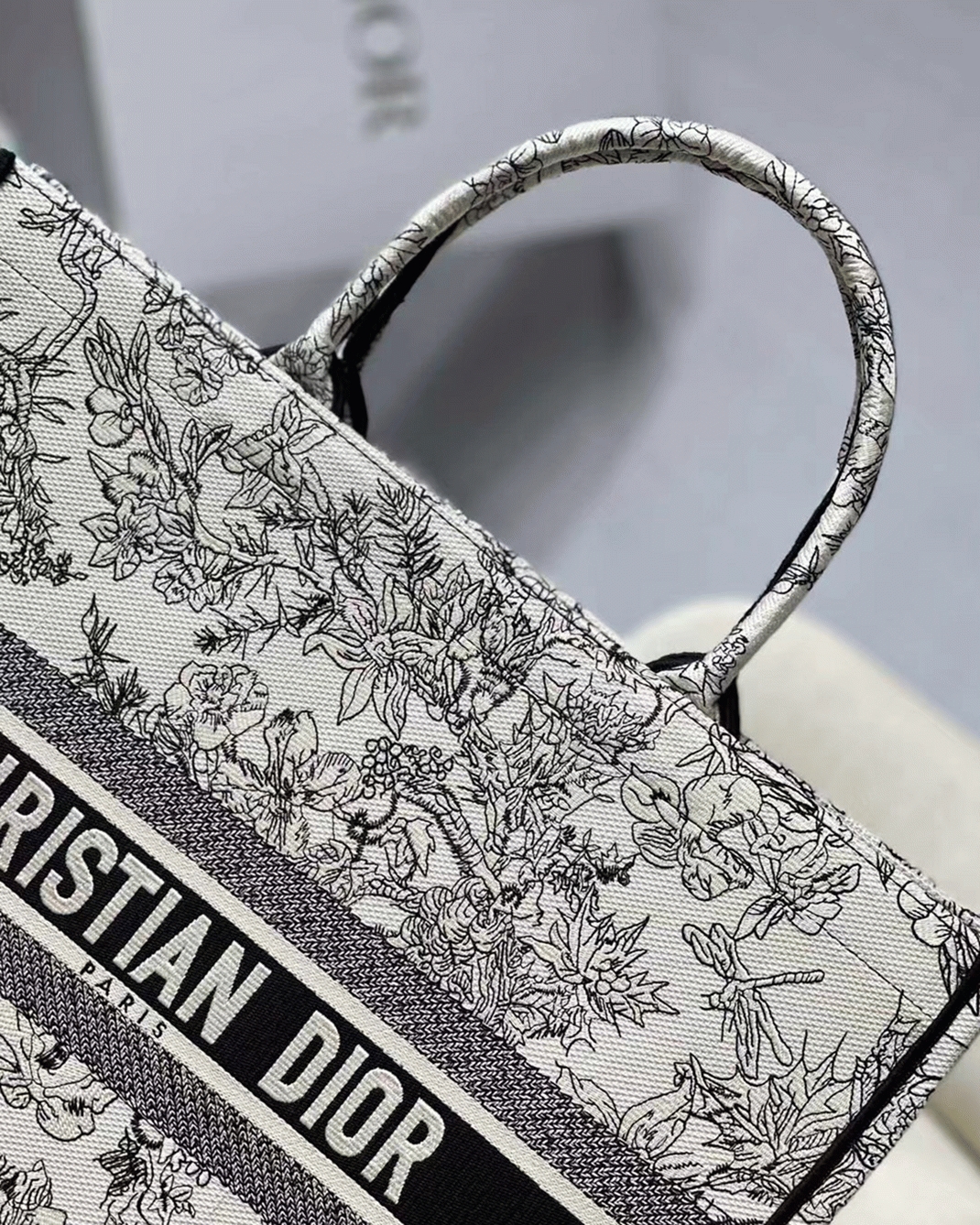 Dior Large Book Tote Bag Replica in Blue Toile de Jouy Flowers Embroidery