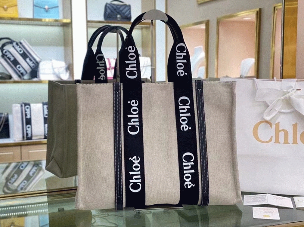 Top Quality Knockoff Chloe Medium Woody Tote Bag in Canvas with Black Leather Strips