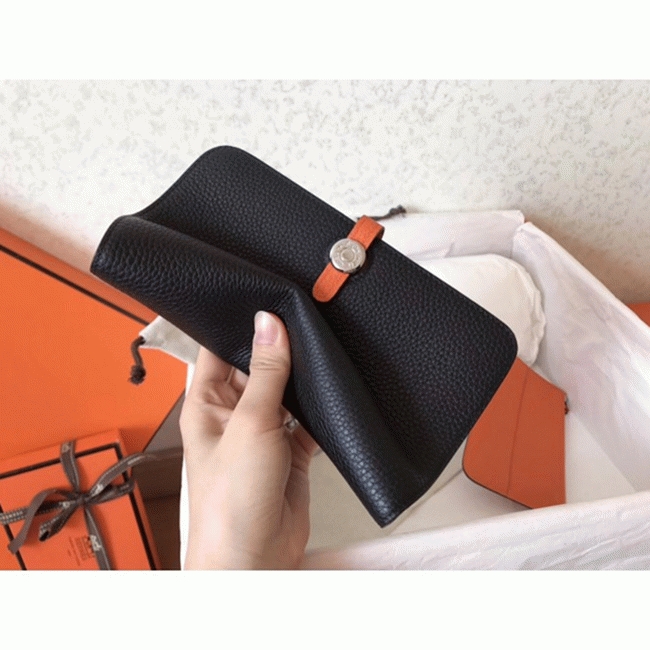 Black orange fake luxury Hermes Dogon duo wallet