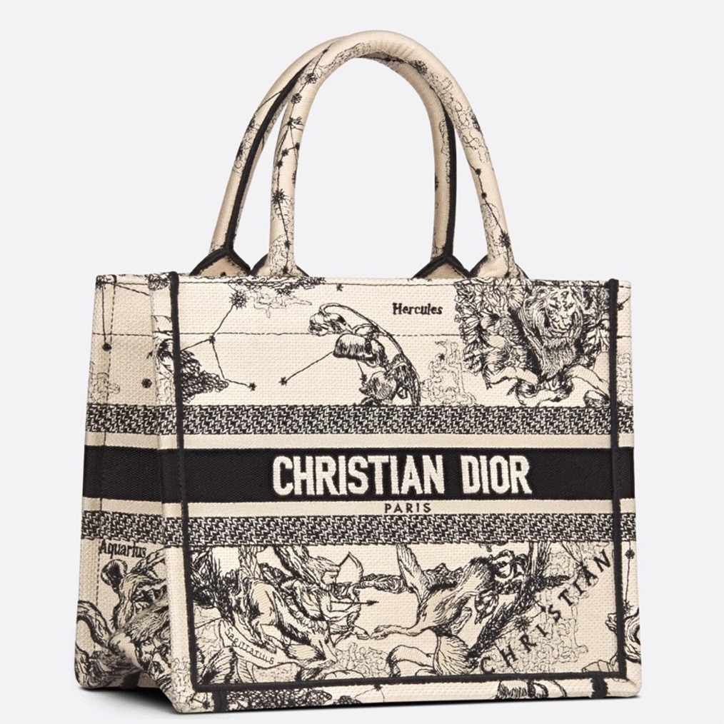 Dior Small Book Tote Bag Faux in White Toile de Jouy Zodiac Embroidery