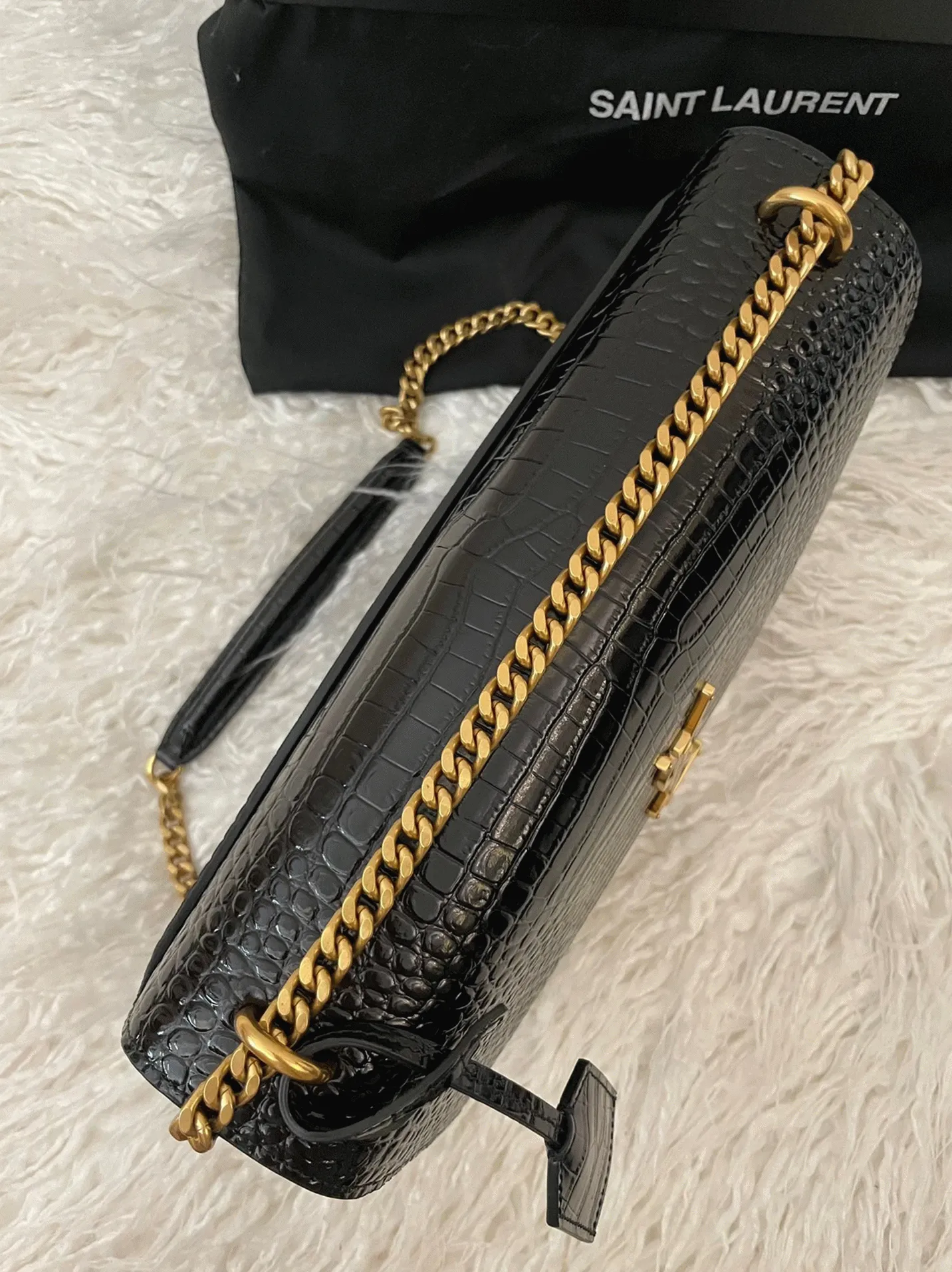 Black Croc-Embossed Leather YSL Sunset Medium Chain Replica Bag
