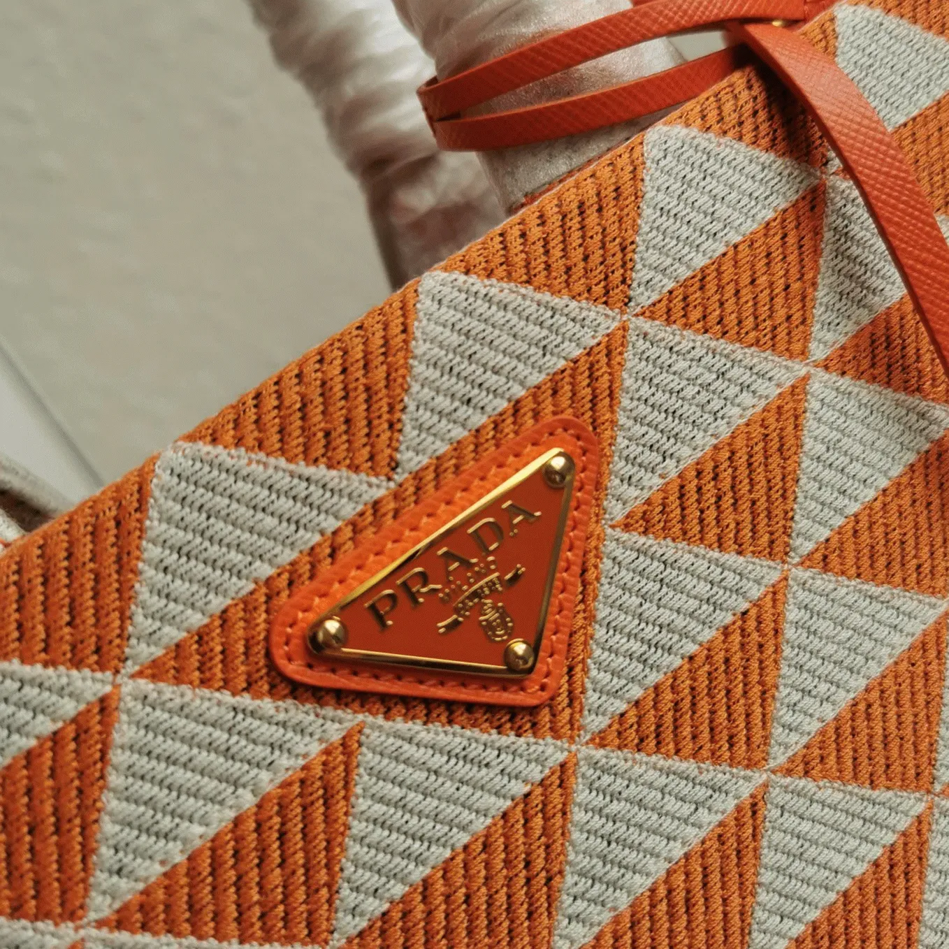 Prada Symbole Small Bag Fake in Orange/White Jacquard Fabric