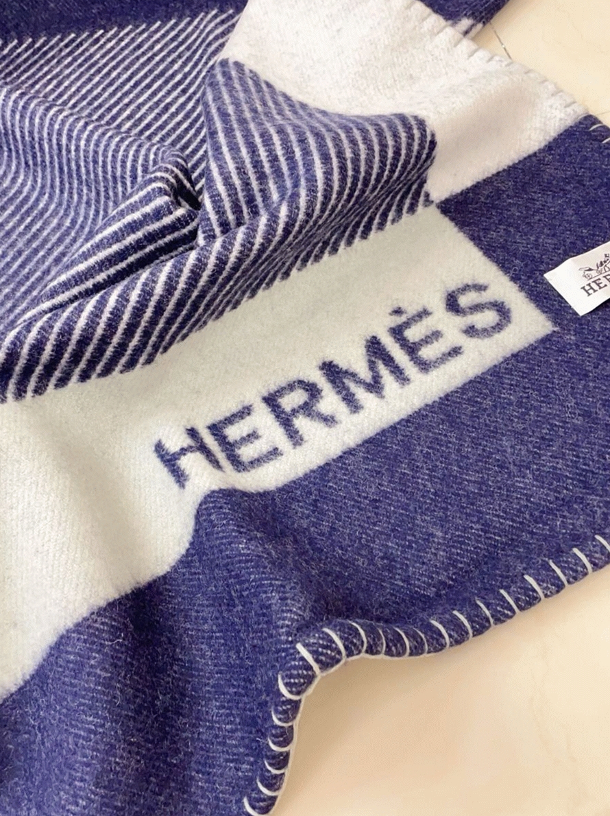 Fake Hermes H Riviera blanket in marine wool and cashmere
