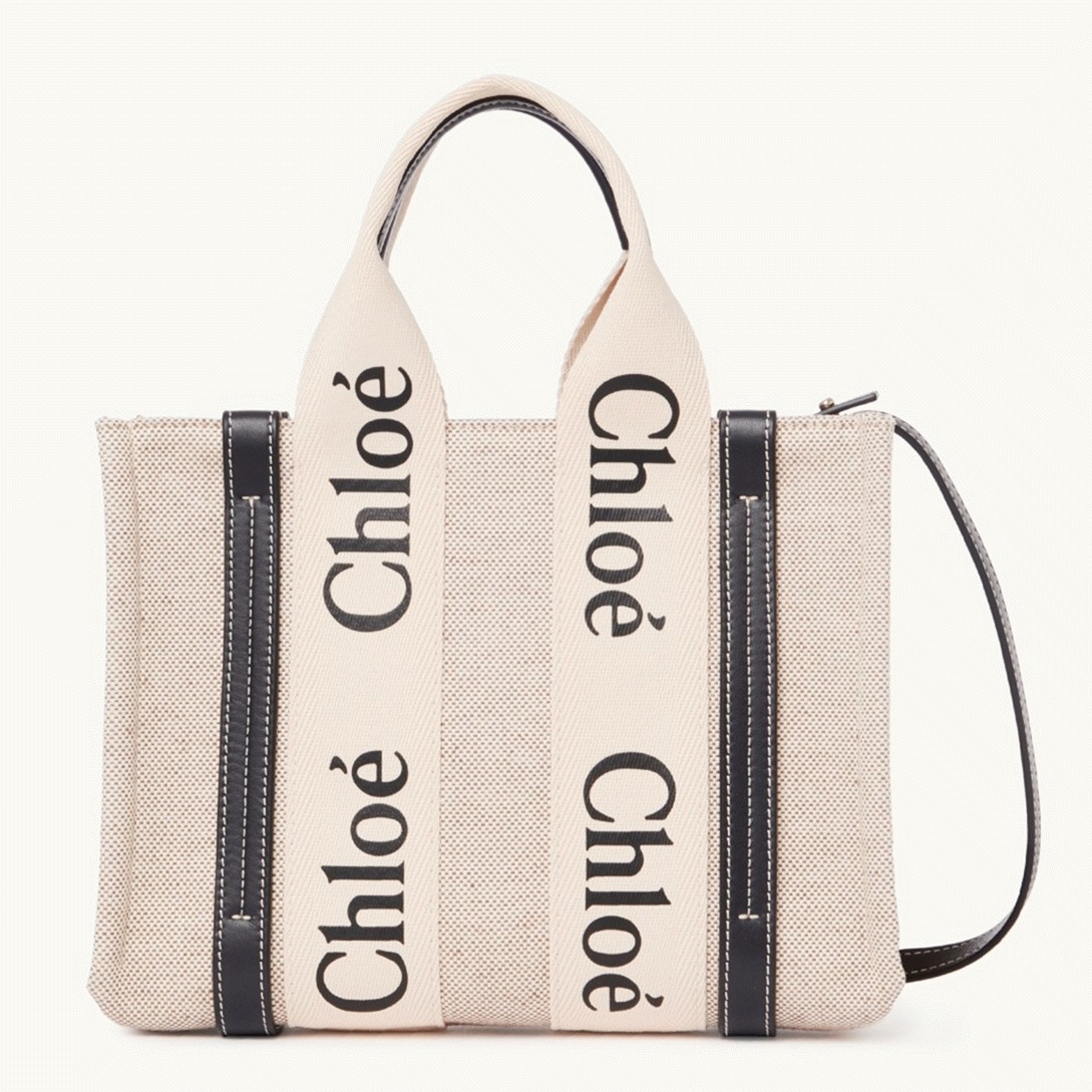 Top Quality Fake Chloe Small Woody Tote Bag in Canvas with Blue Leather Strips