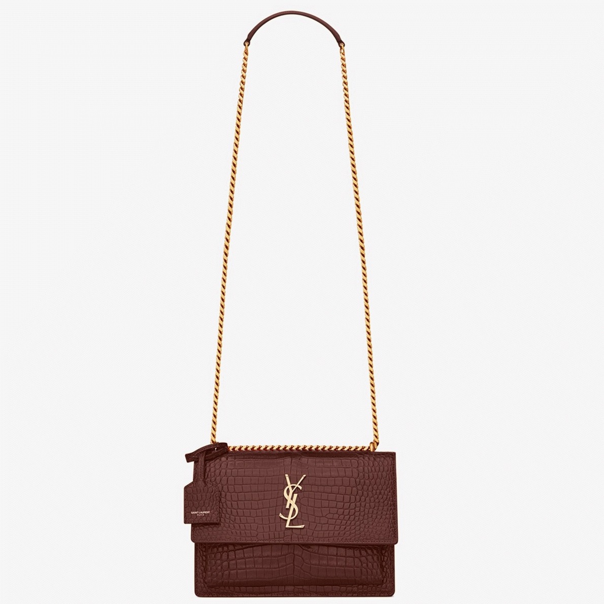 Fake Saint Laurent Sunset Medium Chain Bag Bordeaux Crocodile-embossed Leather