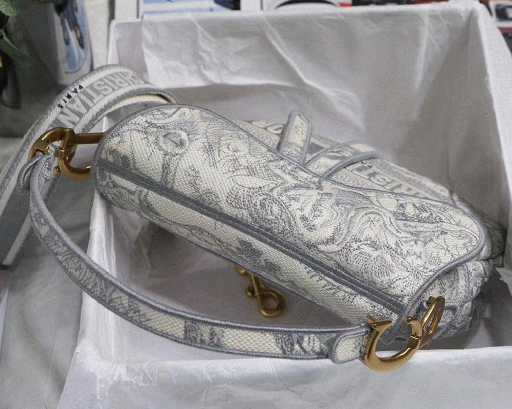 Dior Saddle Bag Fake in Grey Toile de Jouy Embroidery