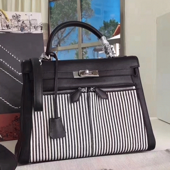 Black Toile   Swift Knockoff Hermes Kelly Lakis 32cm Hybrid Bag