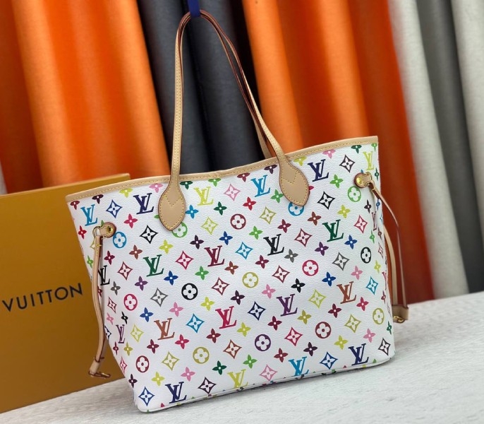LV X TM Multicolored Neverfull MM In White