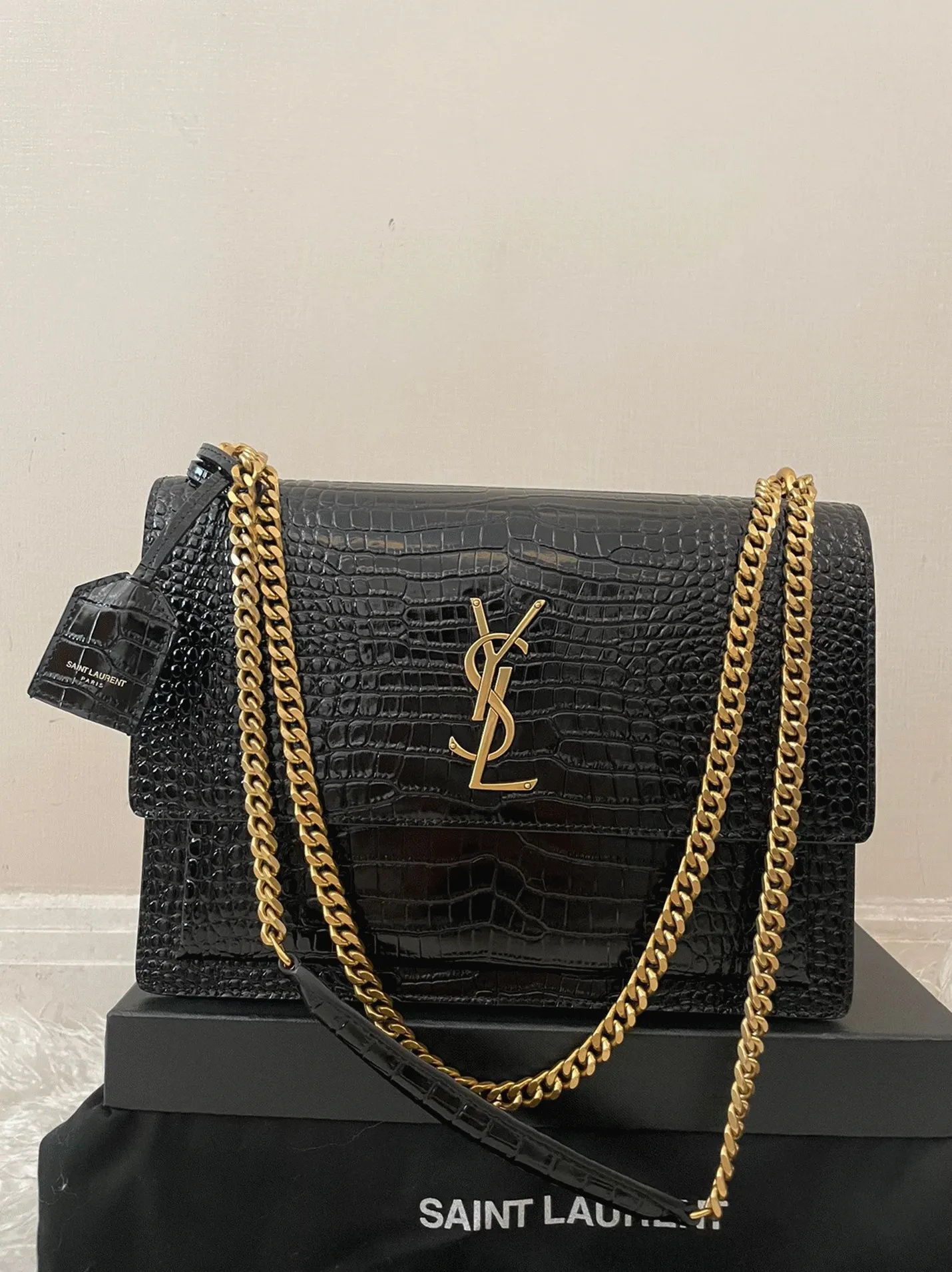 Black Croc-Embossed Leather YSL Sunset Medium Chain Replica Bag