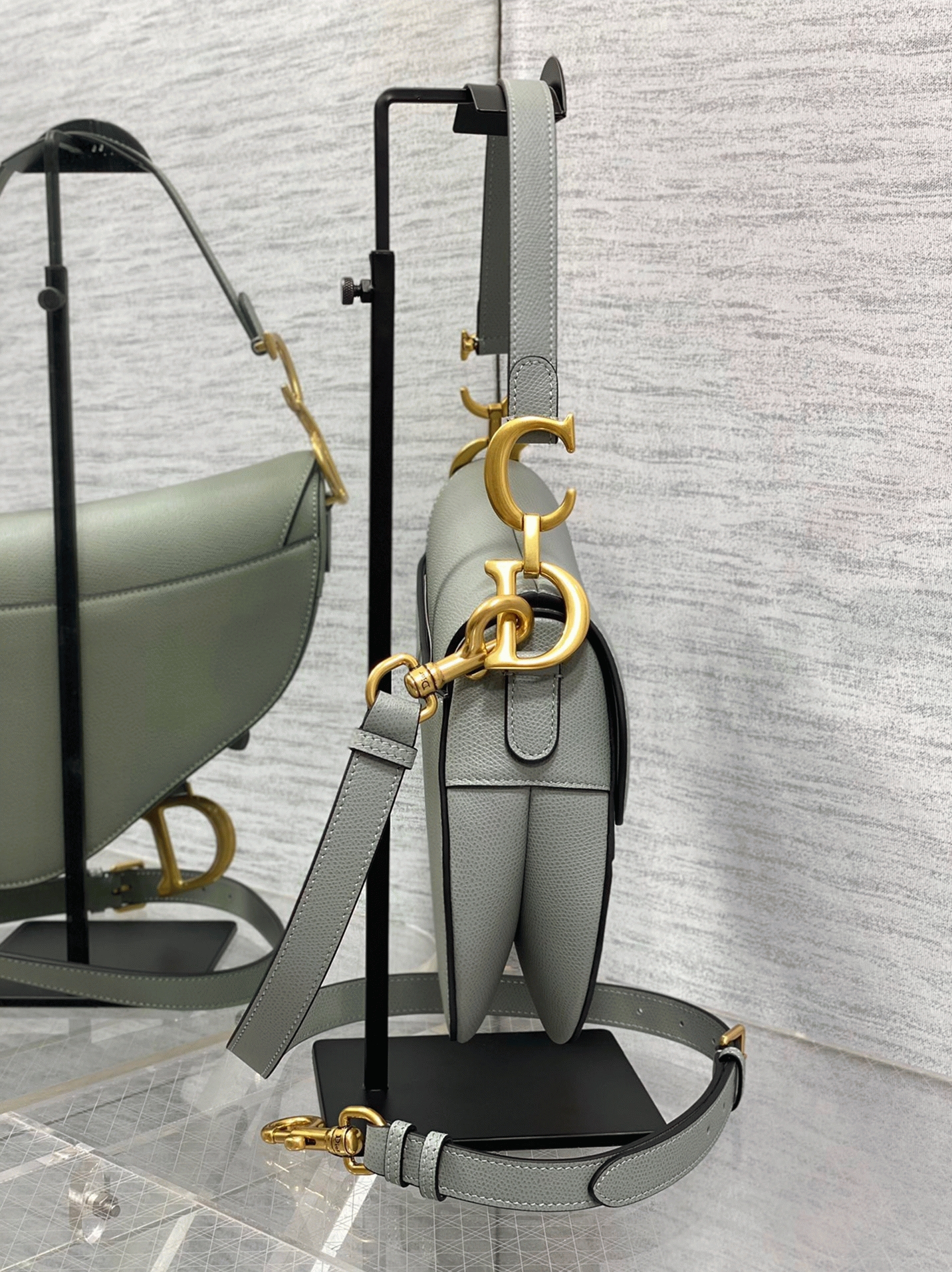 Dior Saddle Bag with Strap Fake in Grey Stone Grained Calfskin