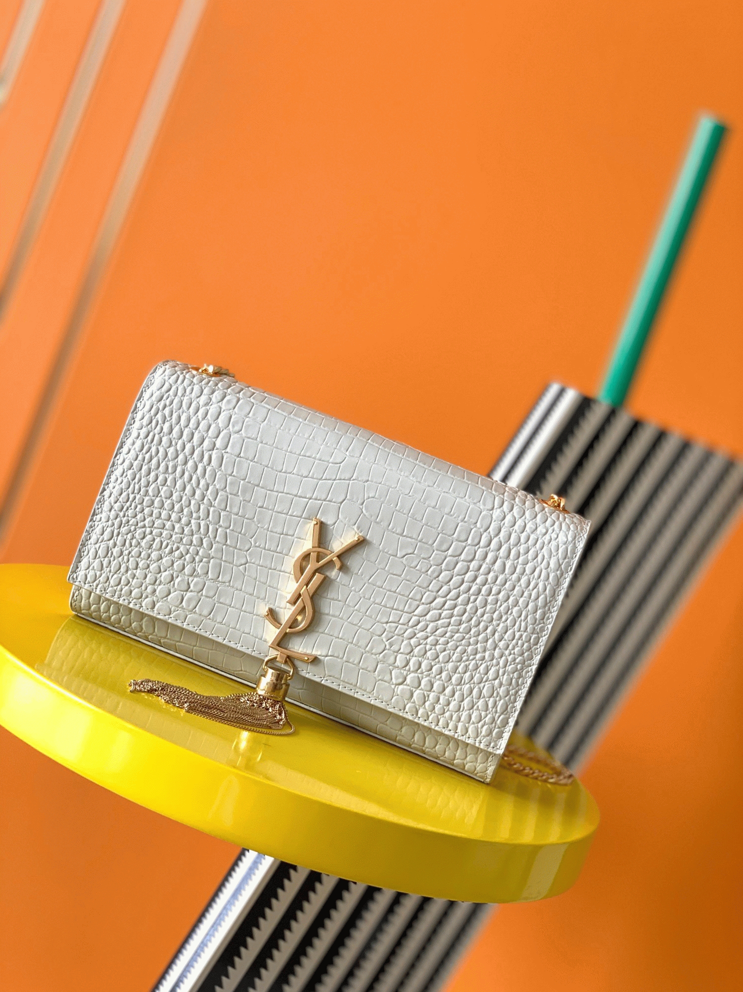Replica Saint Laurent Kate Medium Tassel Bag White Crocodile-embossed Leather