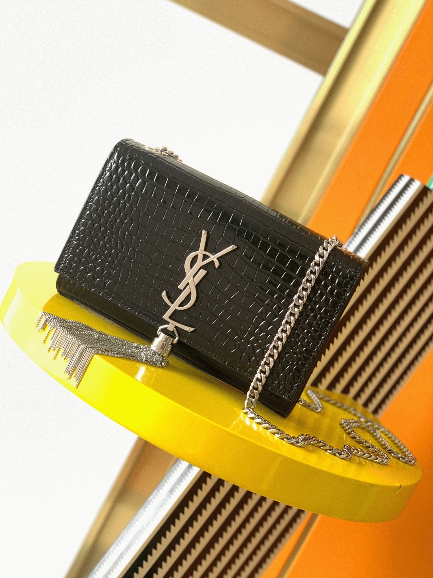 Fake Saint Laurent Kate Small Tassel Bag Noir Crocodile-embossed Leather