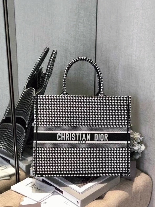 Dior Large Book Tote Bag Fake in Houndstooth Embroidered Canvas