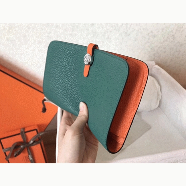 Malachite orange top fake Hermes Dogon duo wallet
