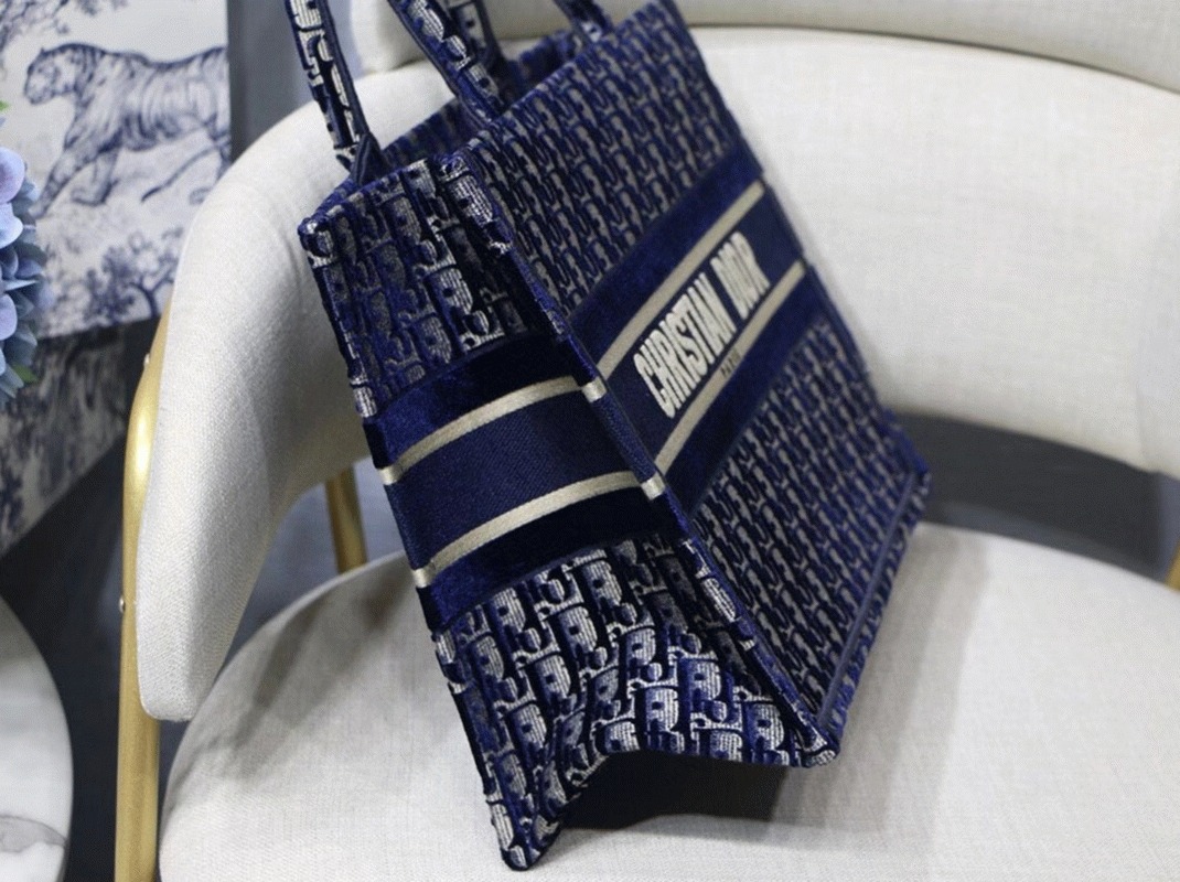 Dior Medium Book Tote Bag Knockoff in Blue Velvet Oblique Embroidered