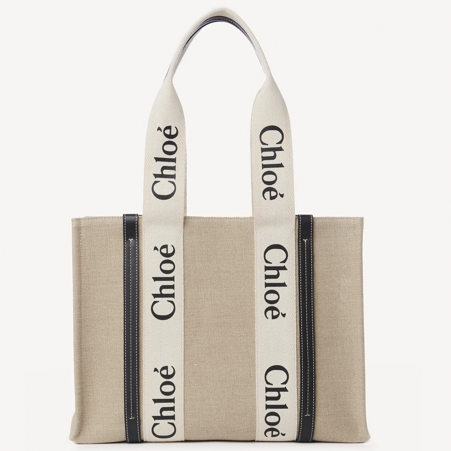 Top Quality Faux Chloe Woody Medium Tote Bag in Linen Canvas with Navy Blue Leather