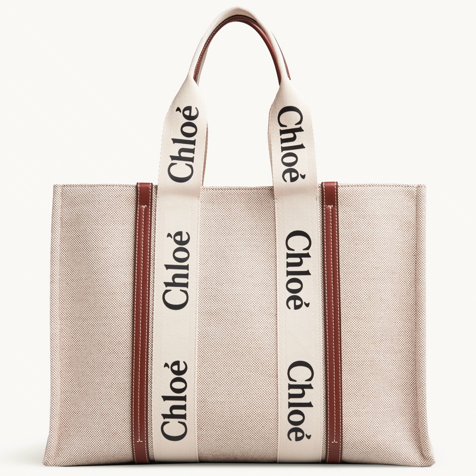 Top Quality Imitation Chloe Large Woody Tote Bag in Canvas with Brown Leather Strips