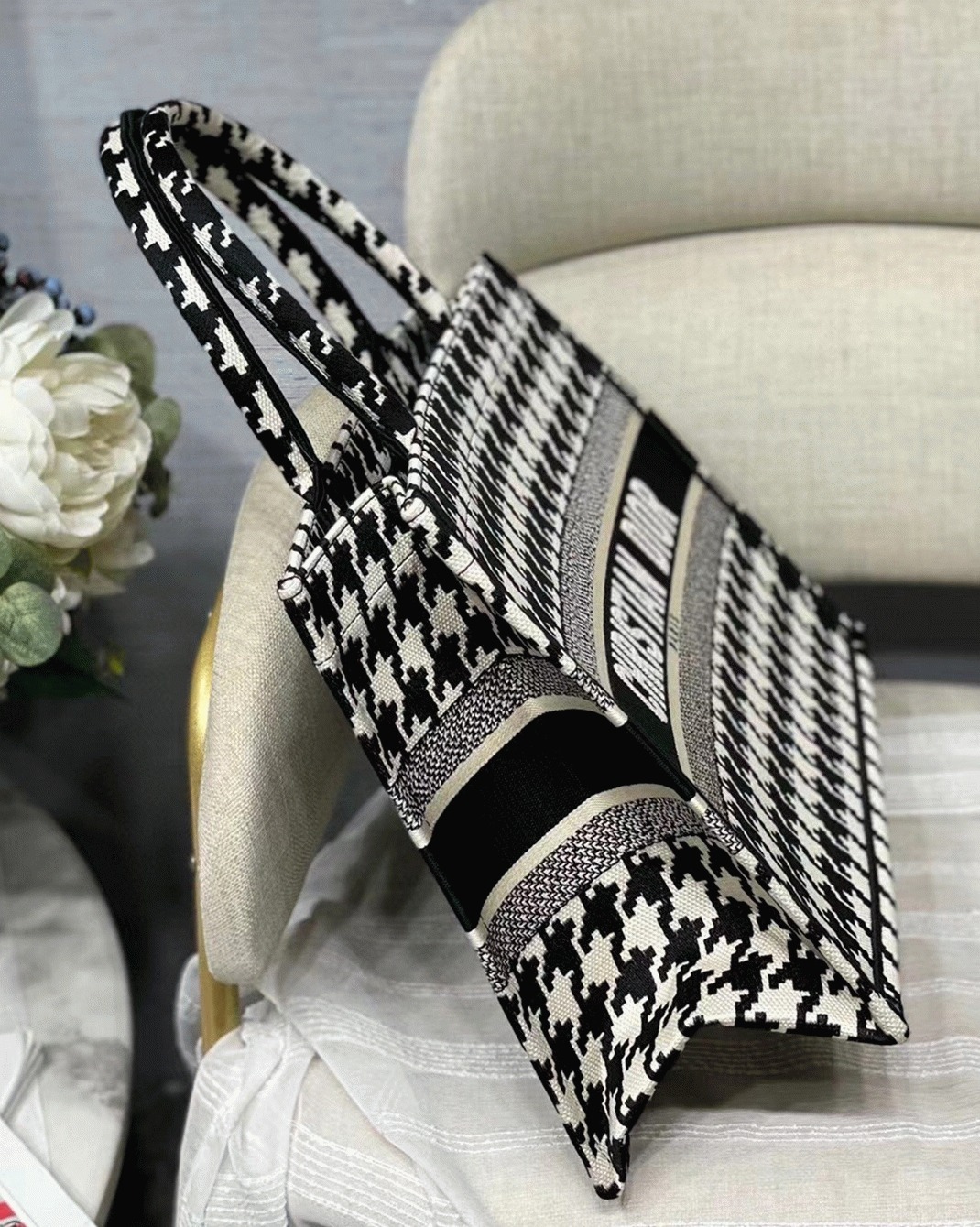 Dior Medium Book Tote Bag Replica in Black Houndstooth Embroidery