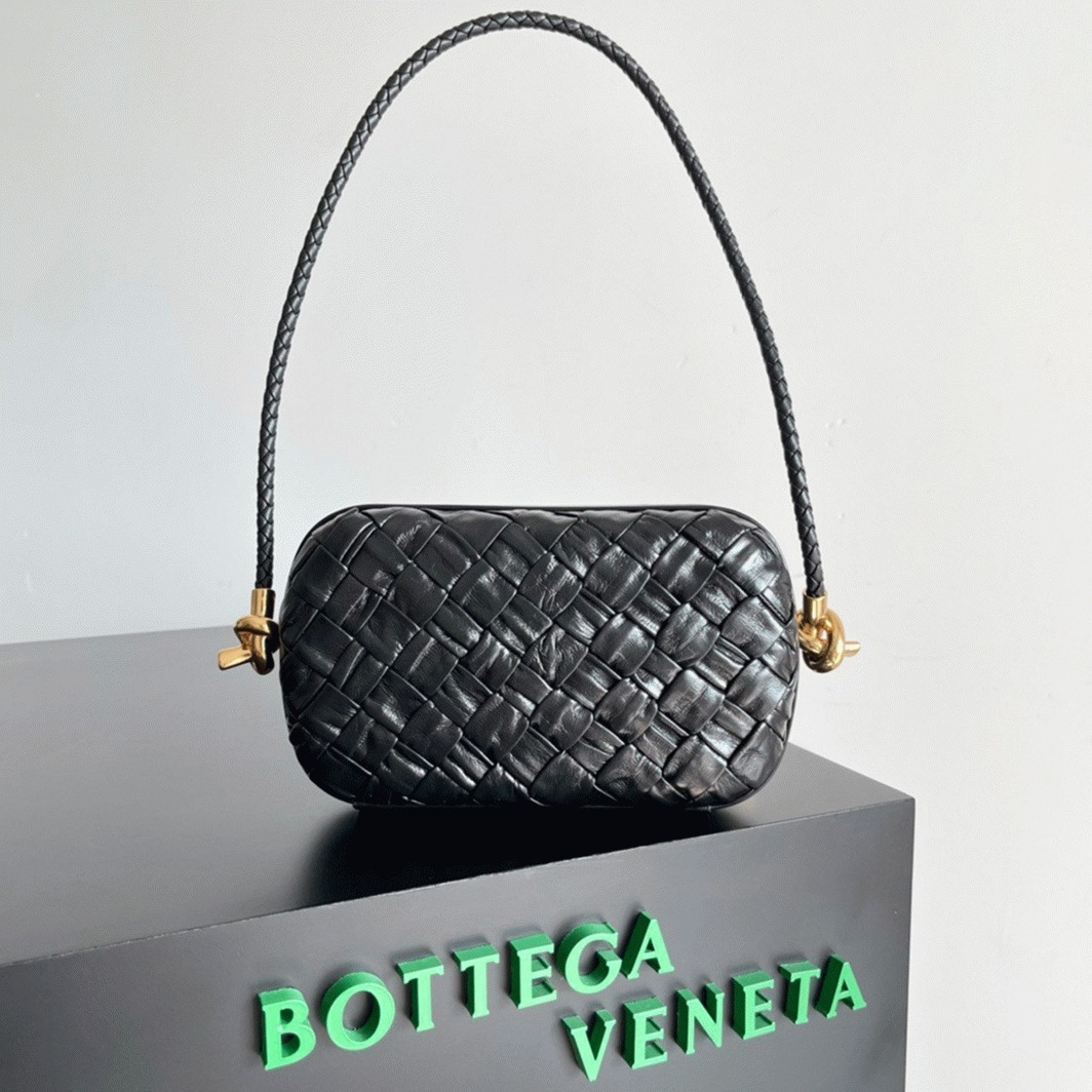 Replica Bottega Veneta Knot Minaudiere On Strap Black Foulard Intreccio Leather