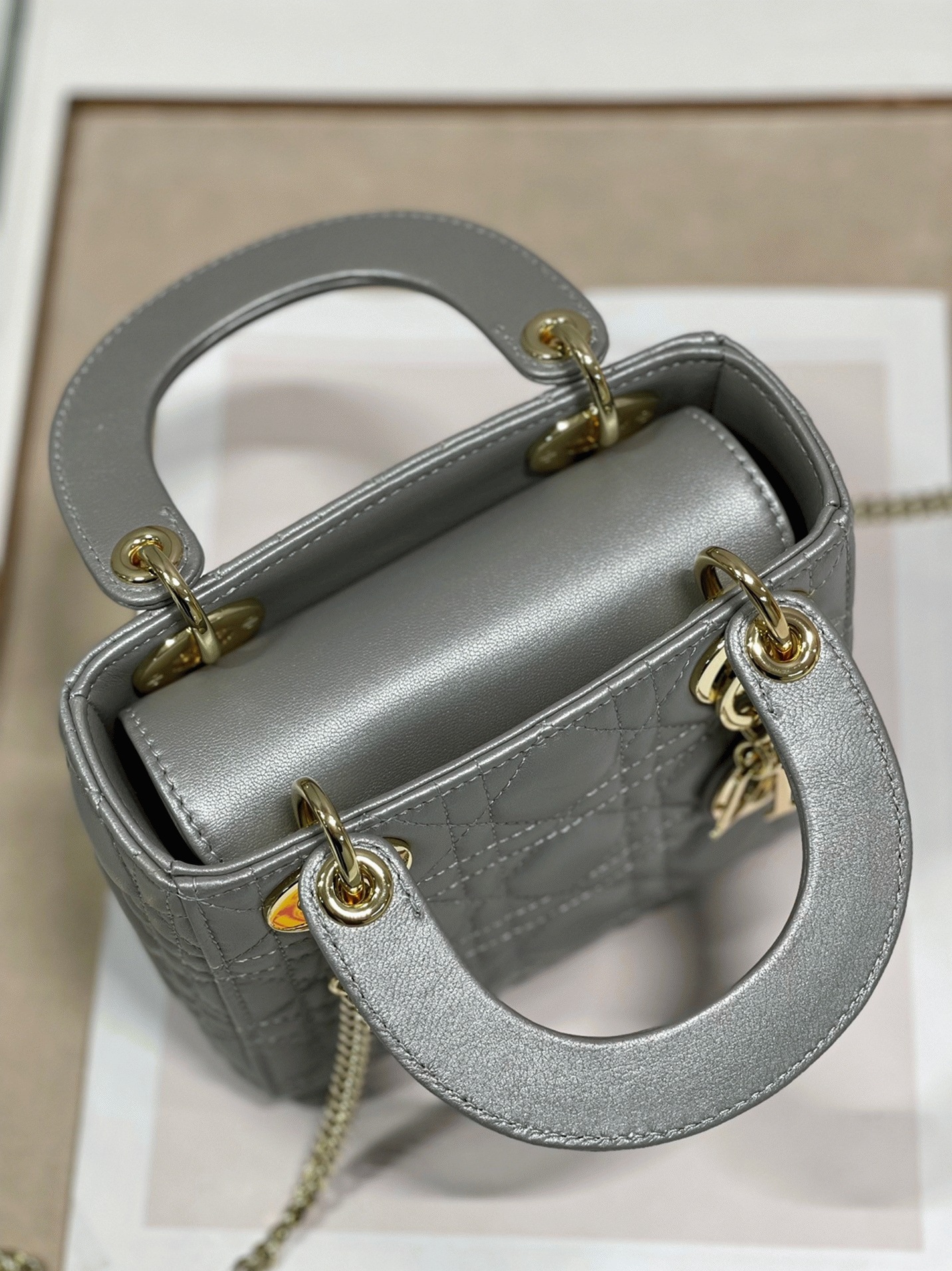Dior Lady Dior Mini Chain Bag Replica in Grey Pearlescent Lambskin