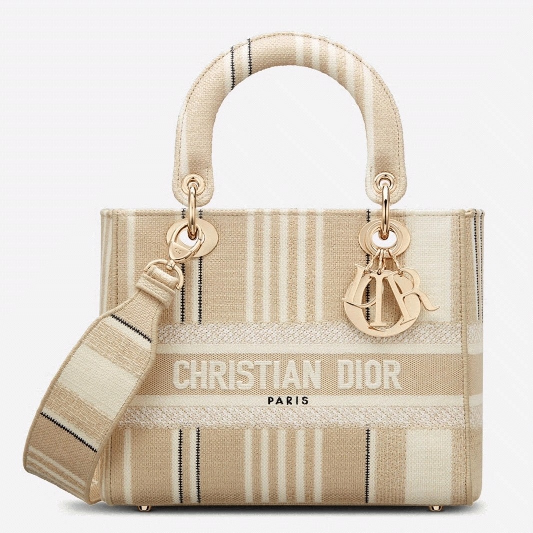 Dior Lady D-Lite Medium Bag Knockoff in Beige Stripes Embroidery