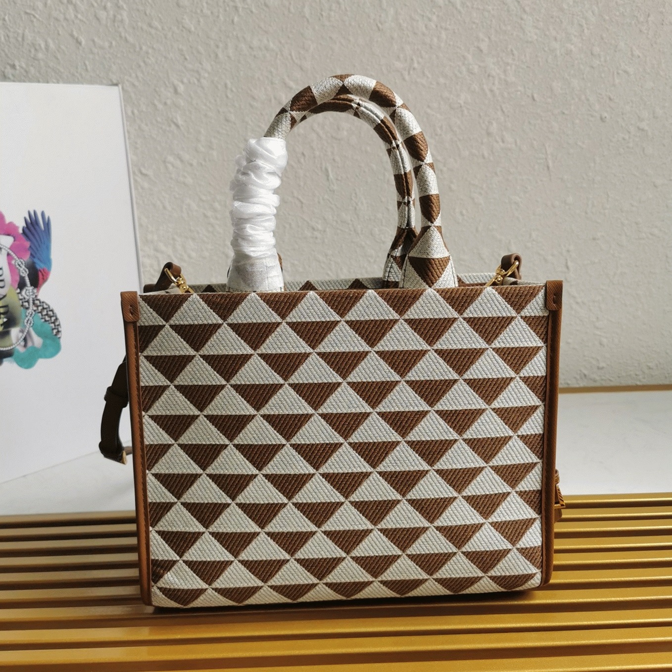 Prada Symbole Large Bag Replica in White/Brown Jacquard Fabric