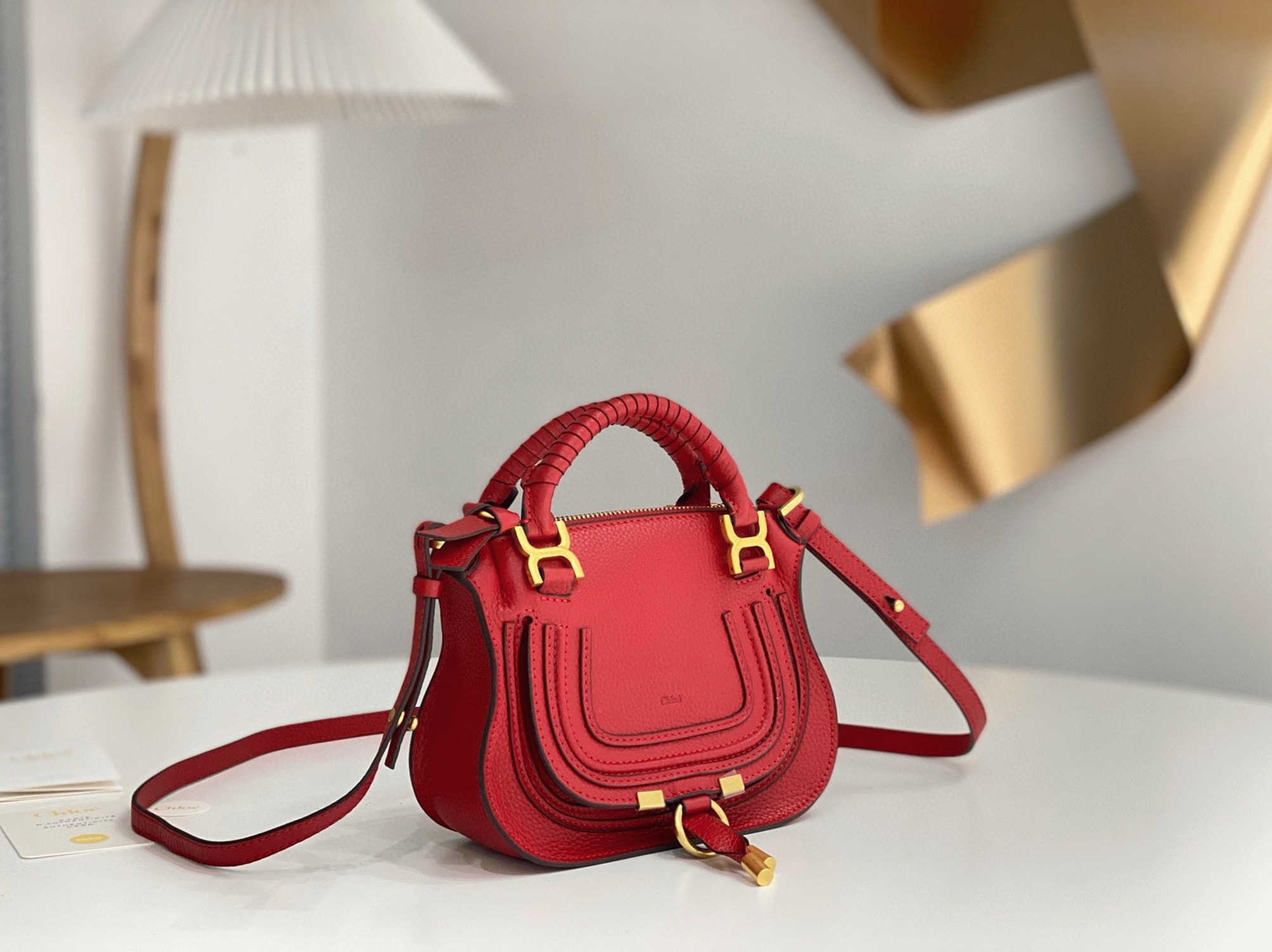 Top Quality Knockoff Chloe Marcie Mini Double Carry Bag in Red Grained Leather