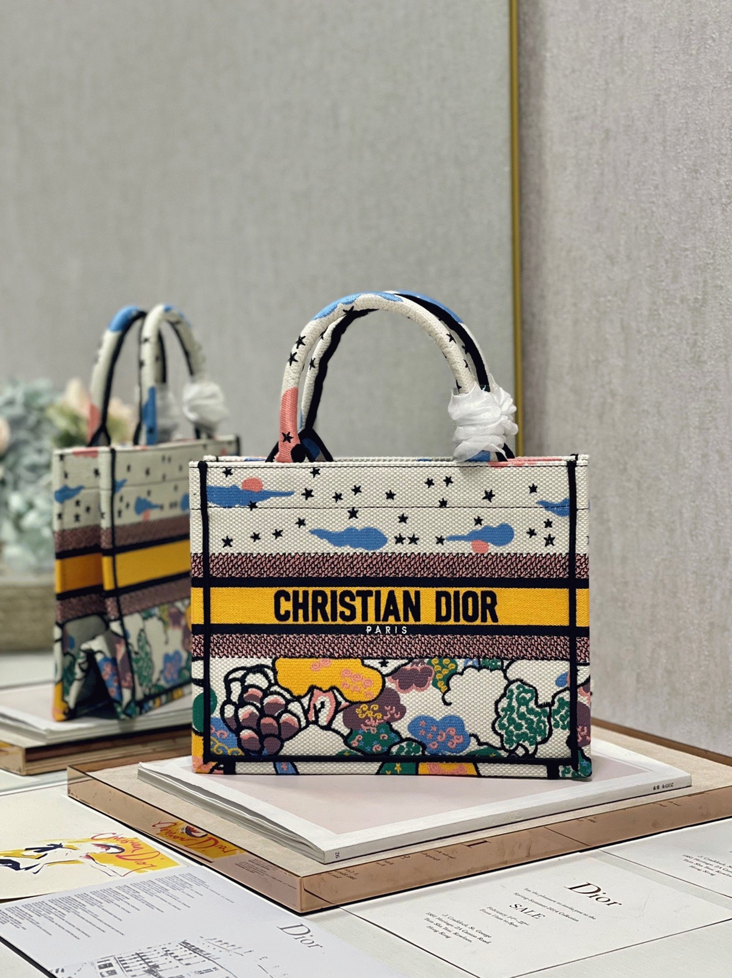 Dior Large Book Tote Bag Faux in White Pixel Zodiac Embroidery
