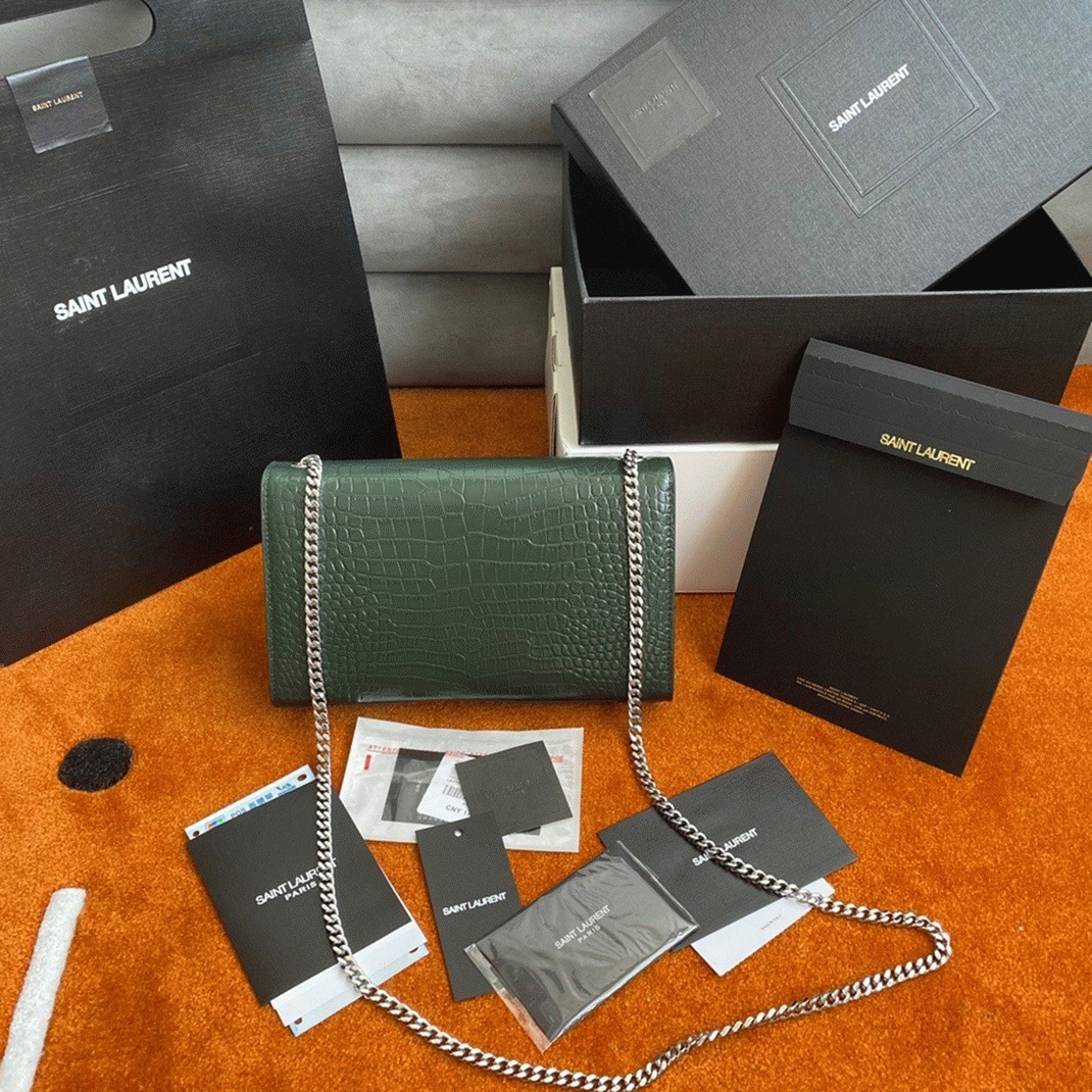 Replica Saint Laurent Kate Medium Tassel Bag Green Crocodile-embossed Leather
