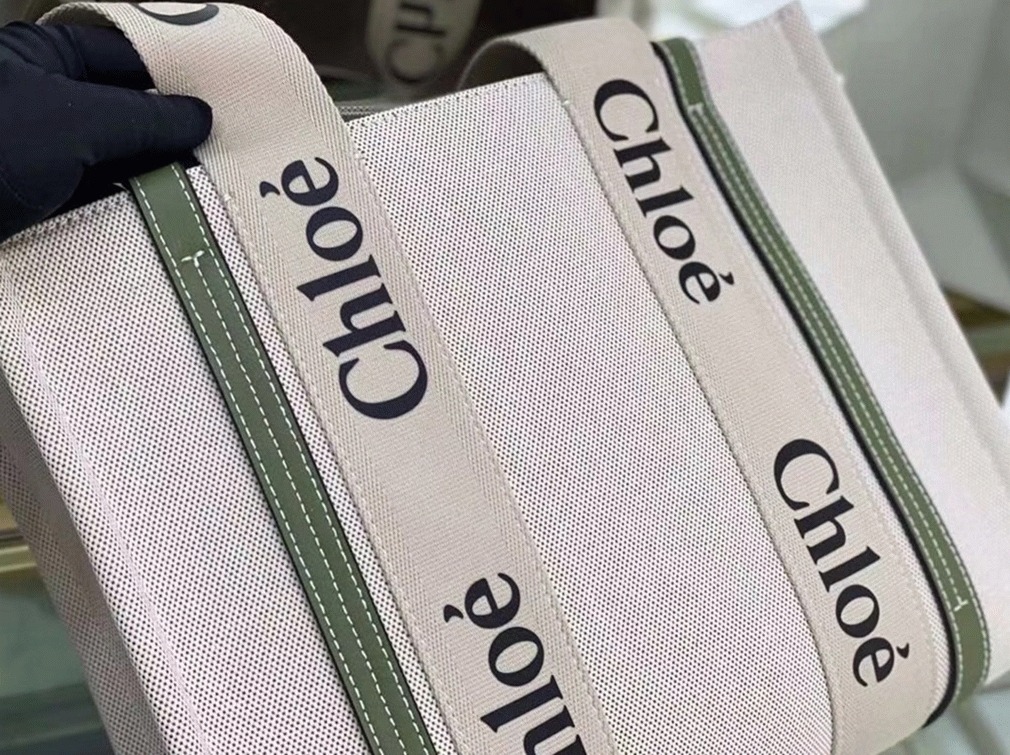 Top Quality Fake Chloe Medium Woody Tote Bag in Canvas with Green Leather Strips