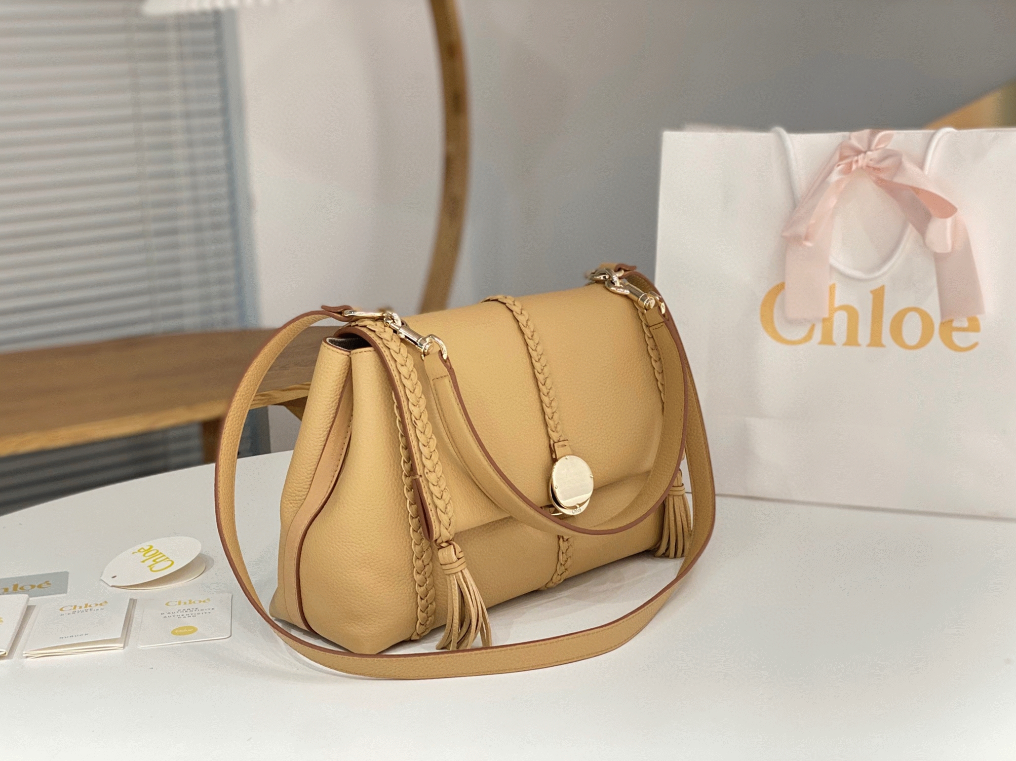 Top Quality Replica Chloe Penelope Medium Shoulder Bag in Beige Grained Calfskin