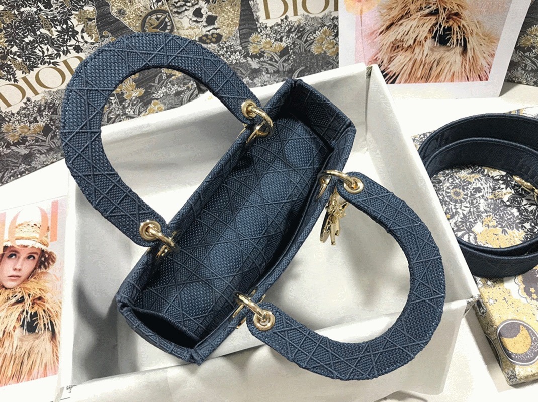 Dior Lady D-Lite Medium Bag Fake in Blue Cannage Embroidered Canvas