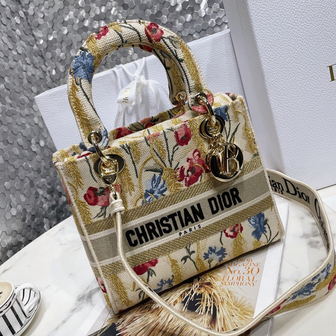 Dior Lady D-Lite Medium Bag Replica in Hibiscus Metallic Thread Embroidery