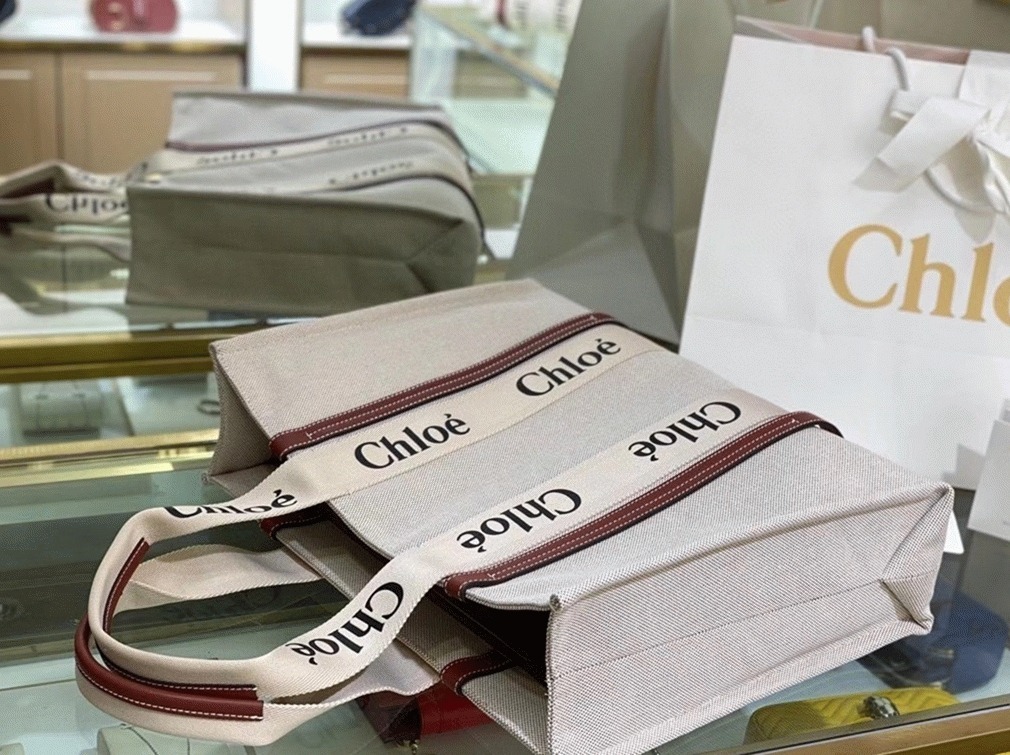Top Quality Imitation Chloe Large Woody Tote Bag in Canvas with Brown Leather Strips
