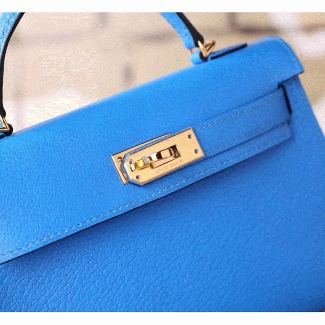 Blue Hydra Chevre Replica Hermes Kelly 20cm Petite Handbag