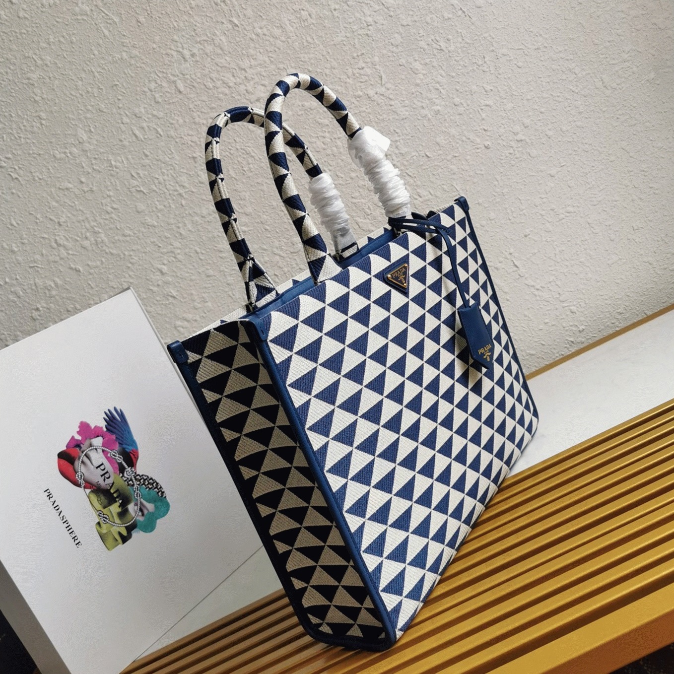 Prada Symbole Large Bag Fake in White/Blue Jacquard Fabric