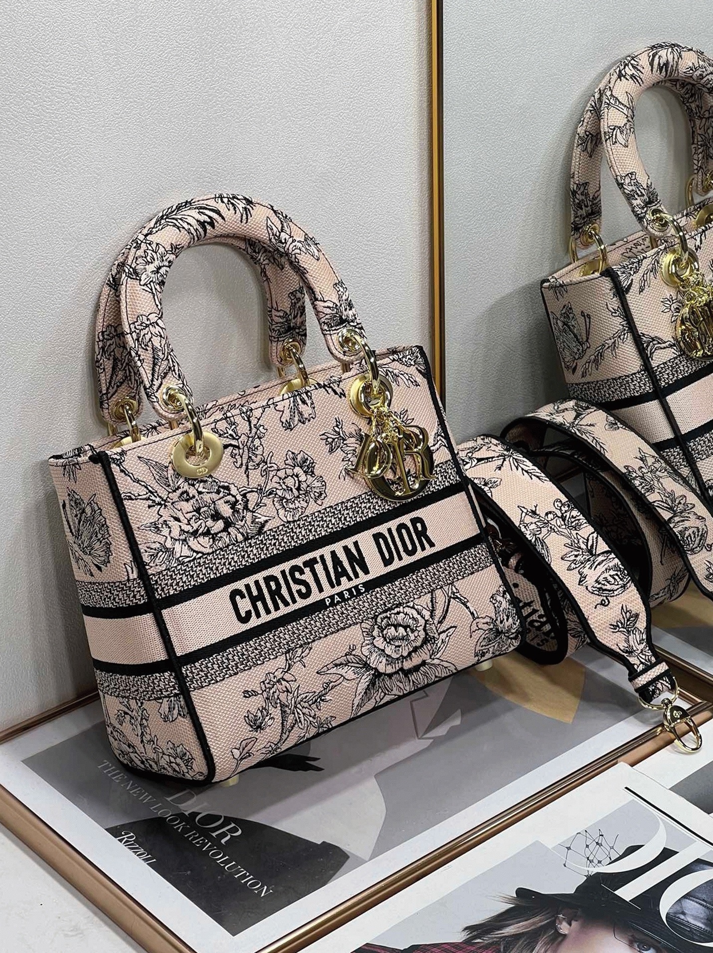Dior Lady D-Lite Medium Bag Knockoff in Powder Jardin Botanique Embroidery