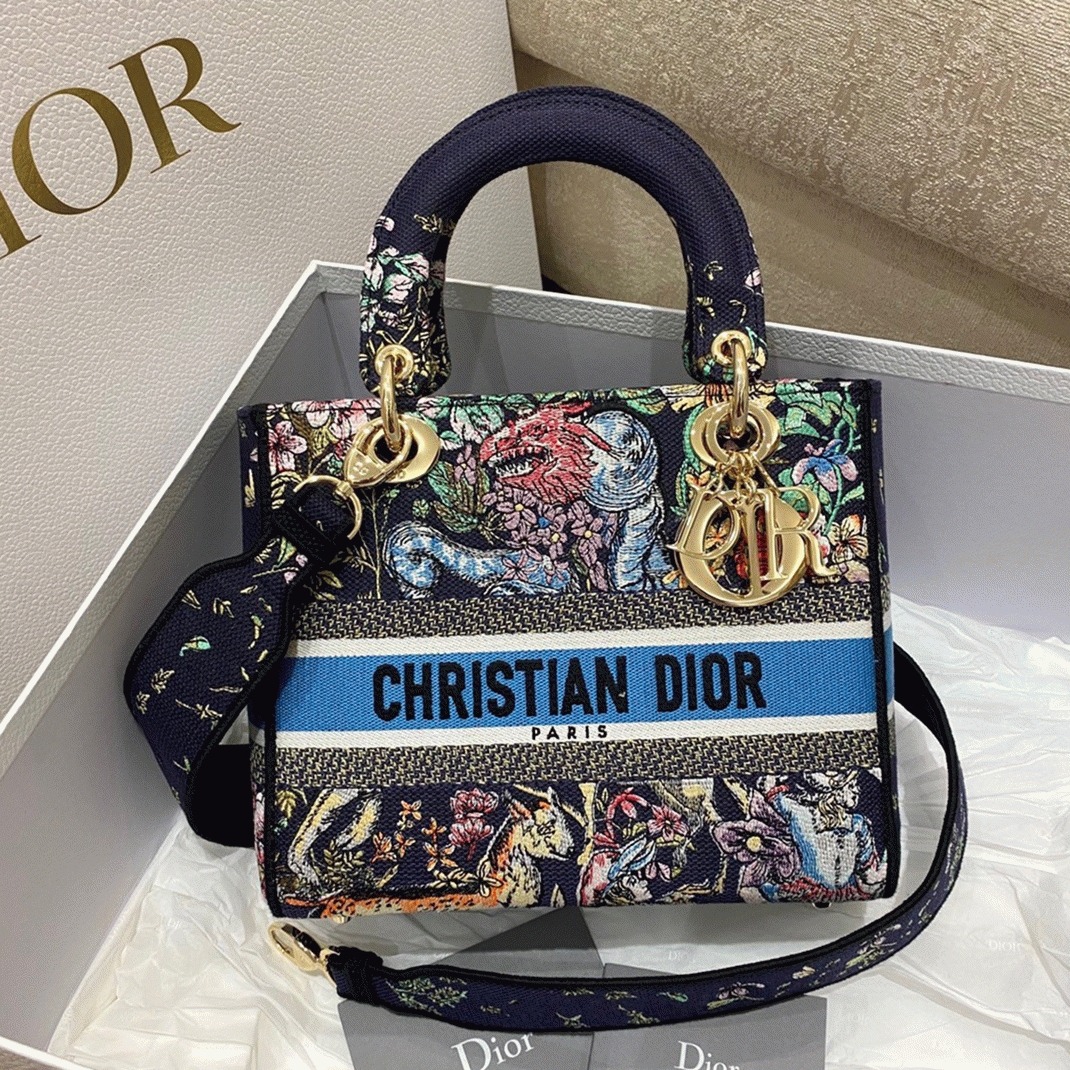 Dior Lady D-Lite Medium Bag Replica in Blue D-Constellation Embroidery
