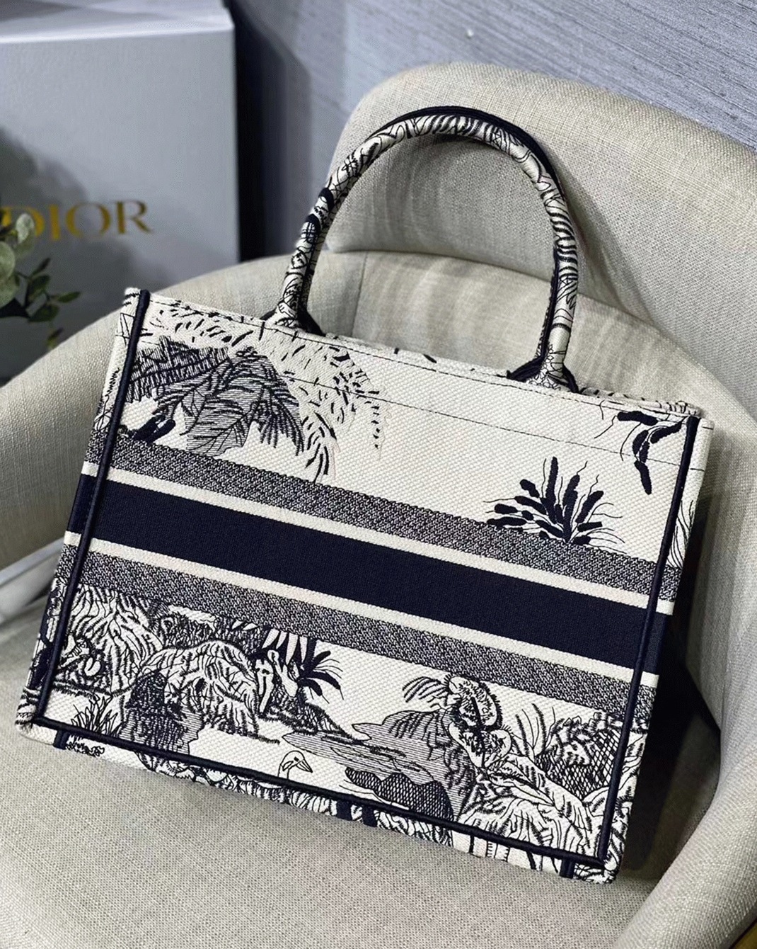 Dior Medium Book Tote Bag Fake in Blue Toile de Jouy Palms Embroidery