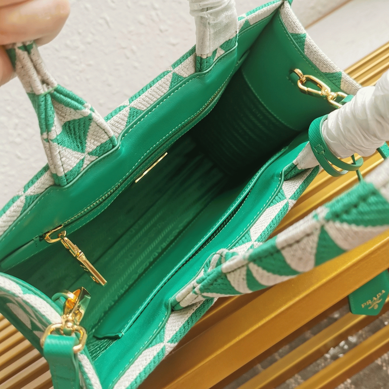 Prada Symbole Small Bag Replica in Green/White Jacquard Fabric
