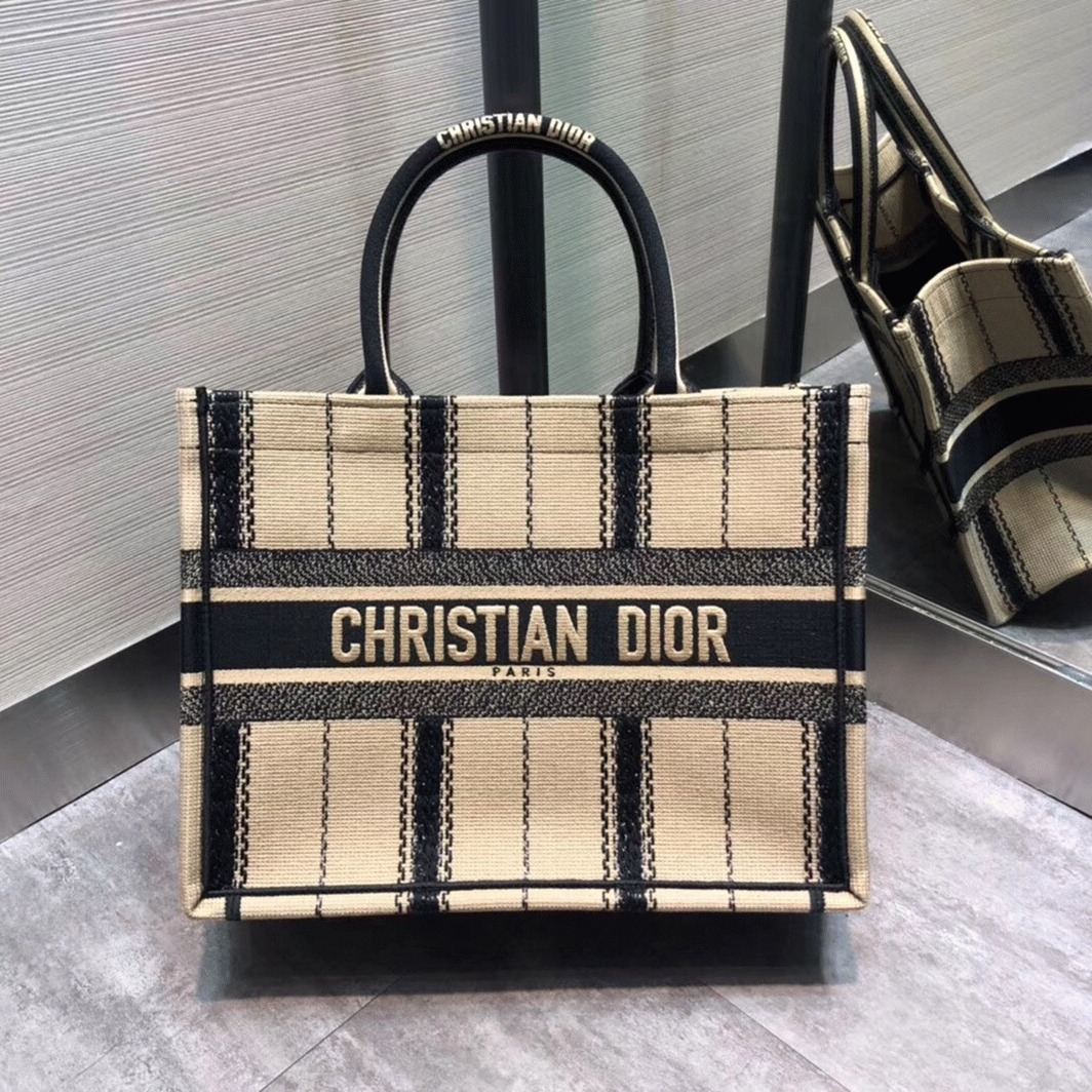 Dior Medium Book Tote Bag Fake in Black and Beige Bayadère Embroidered