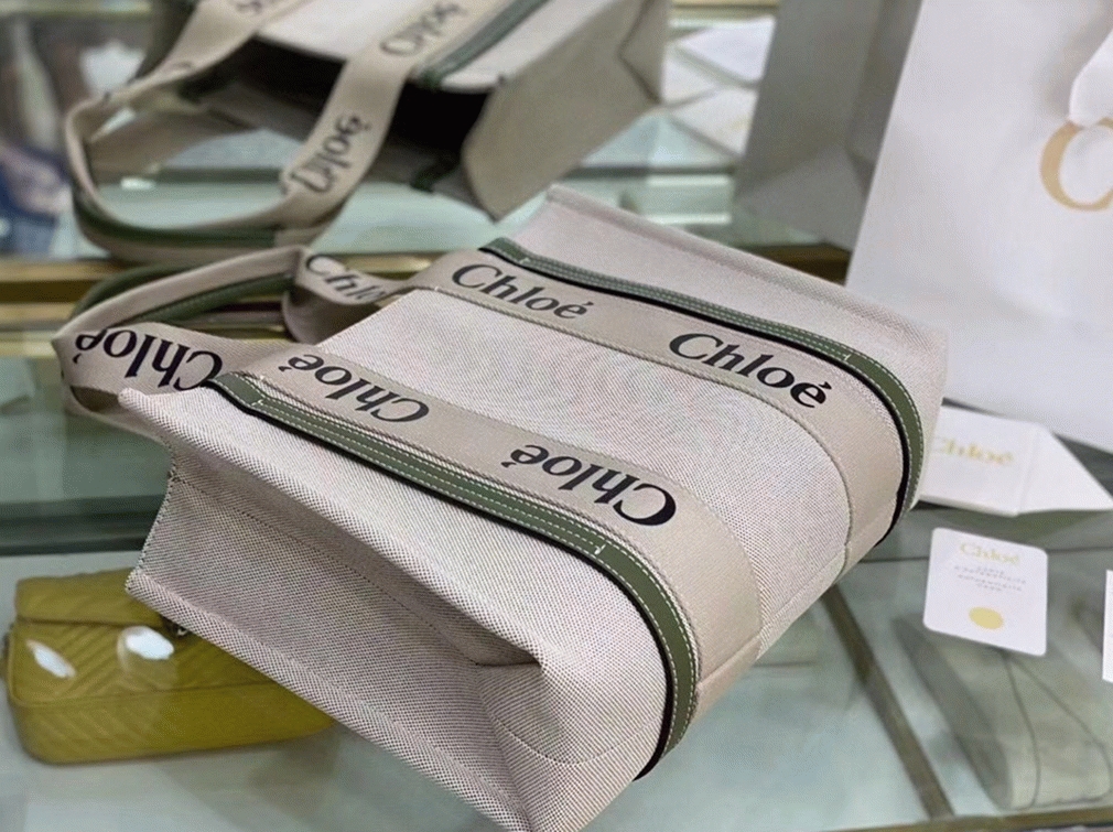 Top Quality Fake Chloe Medium Woody Tote Bag in Canvas with Green Leather Strips