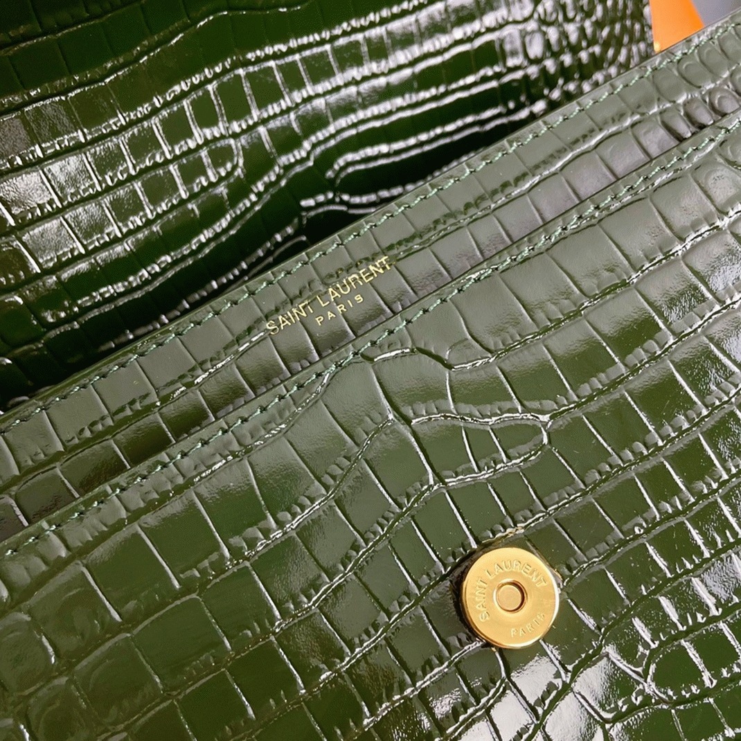 Fake Saint Laurent Sunset Medium Chain Bag Green Crocodile-embossed Leather