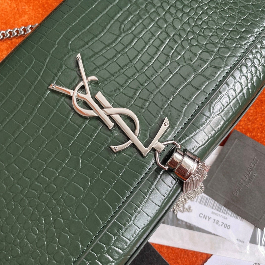 Replica Saint Laurent Kate Medium Tassel Bag Green Crocodile-embossed Leather